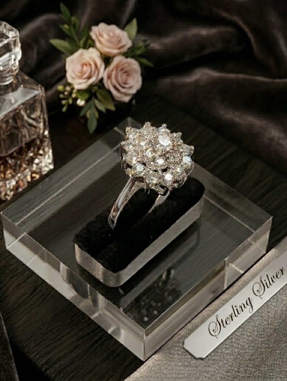 Vintage 925 Sterling Silver 5A High-Dispersion Starburst Cocktail Ring Rhodium - Picture 5 of 7